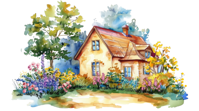 Watercolor rural cottage house among green trees. Summer village cozy home composition. Cartoon countryside design elements isolated on transparent background.
