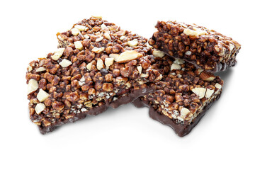 Chocolate protein bars with nuts, cereal and granola isolated on transparent background, high protein sports nutrition