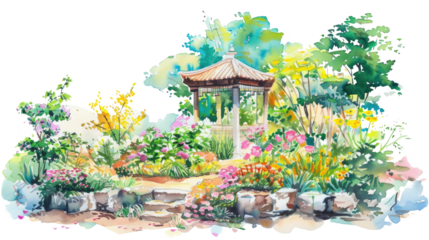 Watercolor rural cottage house among green trees. Summer village cozy home composition. Cartoon countryside design elements isolated on transparent background.