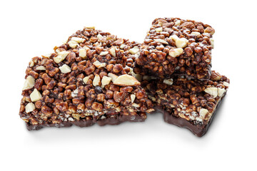 Chocolate protein bars with nuts, cereal and granola isolated on transparent background, high protein sports nutrition