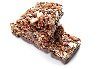 Chocolate protein bars with nuts, cereal and granola isolated on transparent background, high protein sports nutrition
