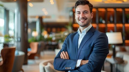 Fototapeta premium Panoramic shot of smiling businessman in suit with crossed arms looking at camera in hotel