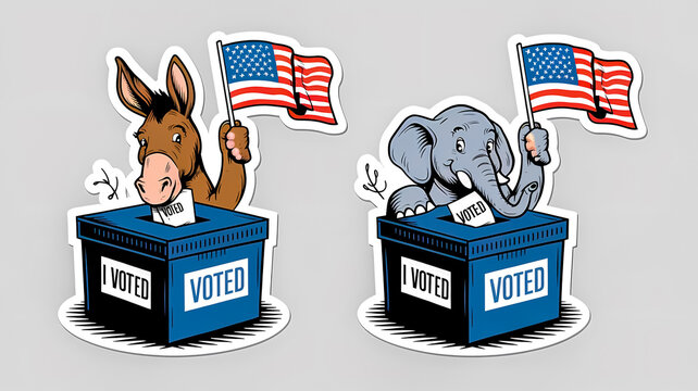 Funny voting stickers featuring donkey and elephant &ndash; great for election campaigns, voter encouragement, or civic engagement initiatives