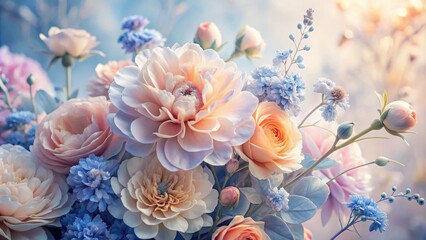 A beautiful arrangement of soft pastel flowers, showcasing delicate petals and serene colors, perfect for spring decor.