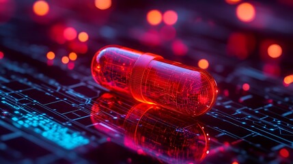 Close-up of a pill on a high-tech digital grid, embodying the future of biotechnology and genomic medicine solutions.