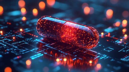 Macro view of a pill placed on a glowing digital grid, representing the intersection of biotech advancements and genomic healthcare.