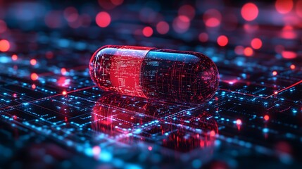 Macro view of a pill placed on a glowing digital grid, representing the intersection of biotech advancements and genomic healthcare.
