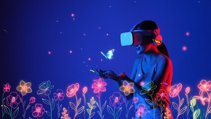 Woman standing in meta garden world wearing VR turn on transfer to wonderland with flower and...