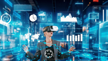 Woman reporter explaining dynamic market data calculated analysis pointing big data business by VR...