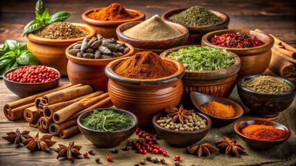 A vibrant display of assorted spices and herbs in rustic bowls, perfect for culinary inspiration and food photography.