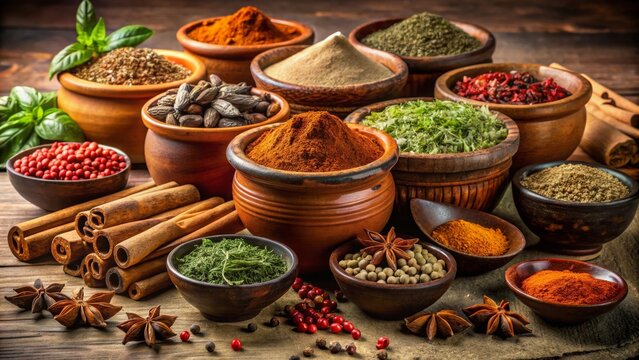 A vibrant display of assorted spices and herbs in rustic bowls, perfect for culinary inspiration and food photography.