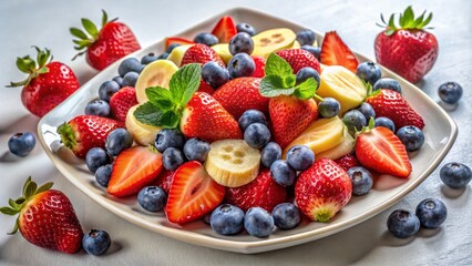 Obraz premium A vibrant fruit salad featuring fresh strawberries, blueberries, and banana slices, perfect for a healthy snack or dessert.