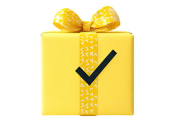 yellow gift with confetti and 3d check mark. Transparent background, Isolated PNG.