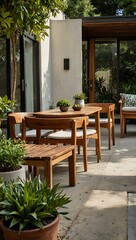 Fototapeta premium Midcentury modern patio with teak furniture and greenery.