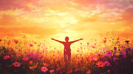 Fototapeta premium Silhouette of a person with open arms facing the sunrise among meadow flowers. Joyful. Illustration