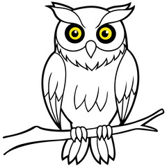 Intricate Owl with Glowing Eyes on Spooky Branch line art Vector Design
