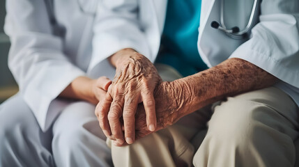 Obraz premium Parkinson's disease patient, arthritis hand, gout knee pain, or mental health care with a geriatric doctor consulting, examining, and comforting an elderly senior in a medical exam clinic 