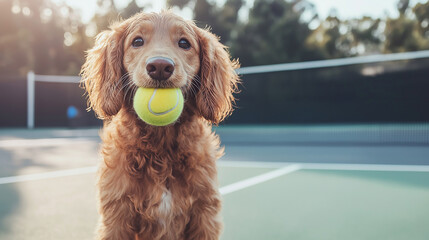dog holding tennis ball in tennis court
