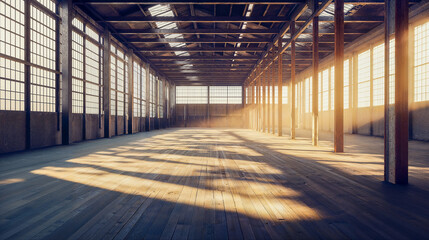 An expansive industrial warehouse with metal beams and large windows, casting light patterns on the wooden floor