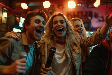 Obraz premium Group of friends and acquaintances socializing at a bar, possibly celebrating an occasion or just enjoying each other's company