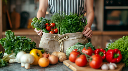 Woman holding a bag filled with fresh vegetables in a kitchen surrounded by colorful produce