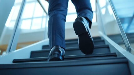 Businessman walking up stairs in an office building.
