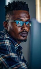Obraz premium Close-up of focused african american black man wearing glasses working with computer, concentrating on digital tasks in office