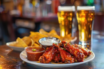 A plate of juicy chicken wings served with crispy chips and a refreshing glass of beer
