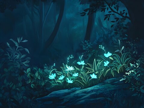 Ethereal Bioluminescent Plants in a Mystical Forest Landscape