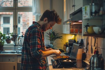 A person prepares meal while using laptop in modern kitchen