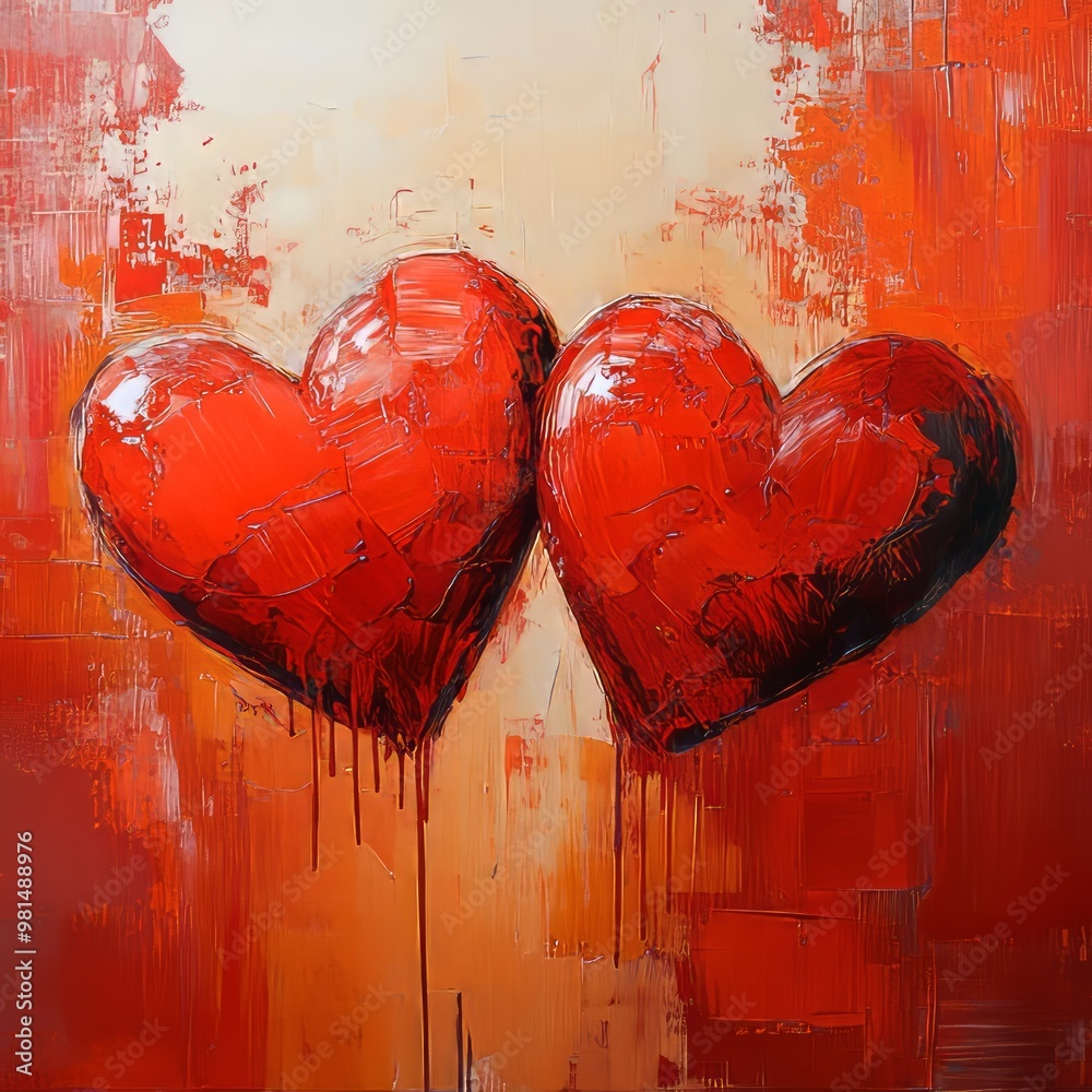 Wall mural Two red hearts painted with textured brushstrokes and dripping paint.