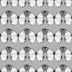 Seamless pattern of realistic butterfly. Hand drawn illustration. Animal motif. Painted butterflies elements on grey background. Black and white. For fabric, textile, design, banner, wrapping paper.