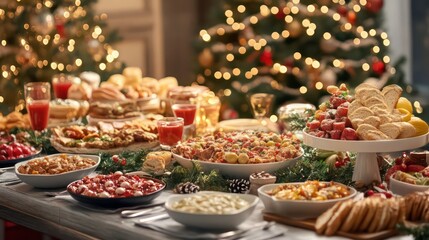 Fototapeta premium Festive Christmas table setting with a variety of dishes, including a casserole, bread, and salad.