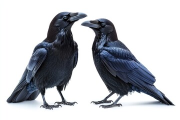 Two large black common ravens standing facing each other on white background