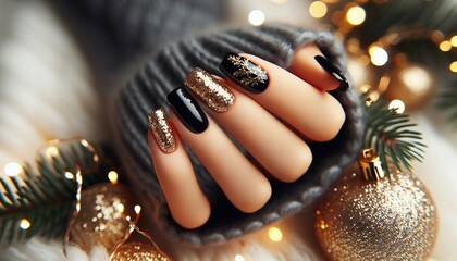 A hand with stylish black and gold glitter nail art is resting on a soft gray surface, surrounded by golden Christmas ornaments and warm twinkling lights, evoking a cozy and festive holiday atmosphere