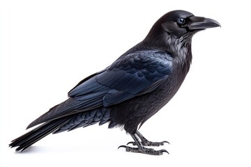 Obraz premium Large black raven standing on white background