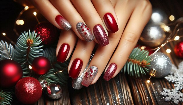 A close-up of a person&rsquo;s hands with festively painted nails amidst Christmas decorations.

