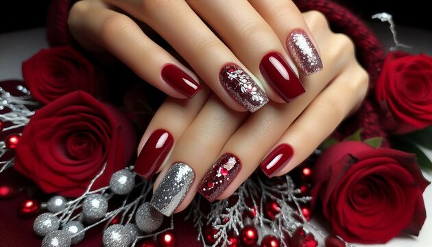 A close-up of a hand with polished nails in shades of red and silver, adorned with glitter, complemented by a bouquet of red roses and silver decorative beads.

