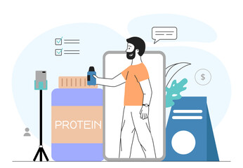 Man with protein review. Young guy with jar of supplement at smartphone screen. Active lifestyle and sports. Fitness and training. Linear vector illustration