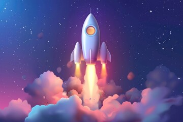 Astronautic scene with a rocket in flight, surrounded by fluffy white clouds