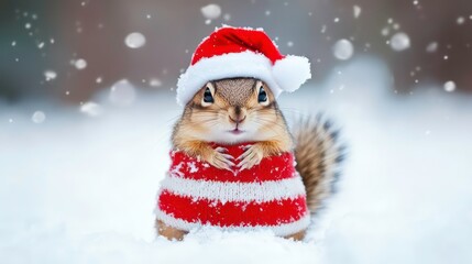 A cute squirrel wearing a Santa hat and a red and white sweater stands in the snow on a snowy day.