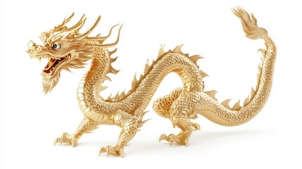 A golden dragon with a fierce expression and detailed scales, standing on a white background.