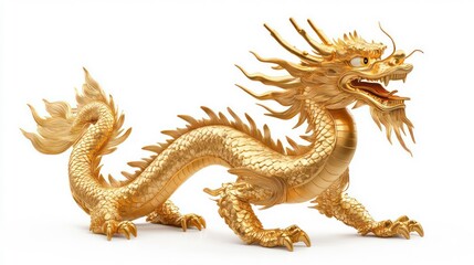 Golden Chinese Dragon Statue isolated on white background.