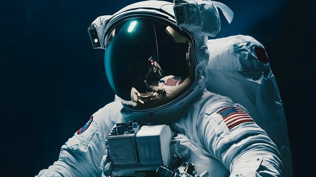 An astronaut in a white spacesuit with an American flag patch, the reflection in the helmet shows a dark space background.