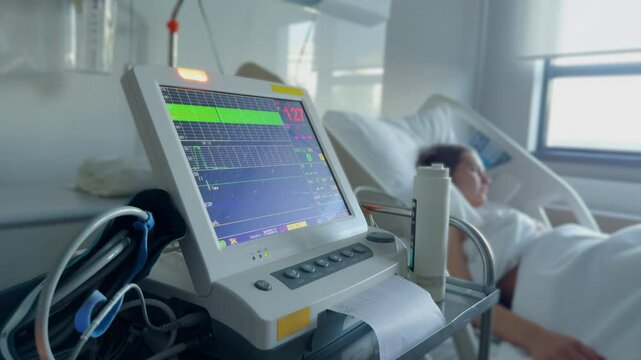 The maternity ward in a modern private hospital with the latest technologies. Pregnant woman lying on the bed monitors the fetal heart and uterine contractions on the cardiomonitor.