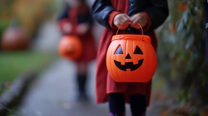 Close up of a child holding a pumpkin-shaped Halloween trick or treat bucket.