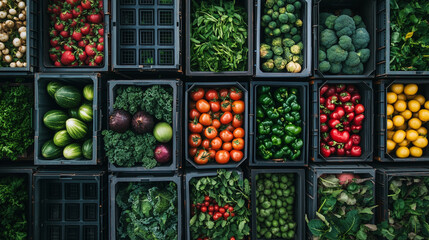 Colorful Fruits and Vegetables in Wooden Crates. Aerial view of neatly arranged fruits and vegetables in wooden crates at a market. 