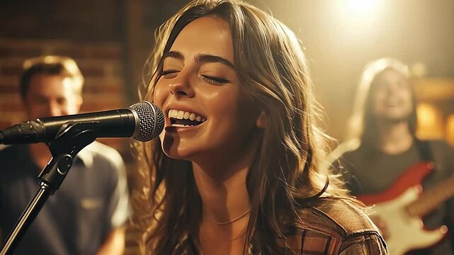 This woman beams while singing into a microphone, surrounded by her band members and a vibrant crowd.