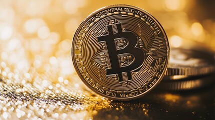 Close up of a gold bitcoin with a blurred background.