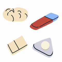 Erasers, erasers, eraser set, triangular, rectangular, erasers of different colors, shapes and sizes, school and office supplies, vector, illustration, set